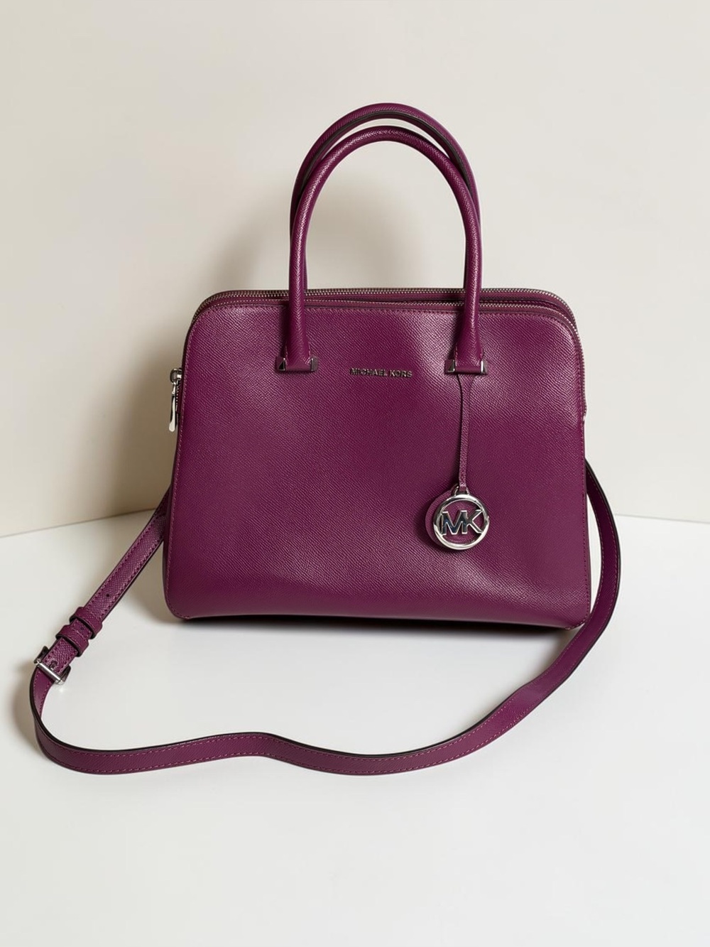 Michael Kors Houston Double Zip Crossgrain Leather Satchel Plum Medium